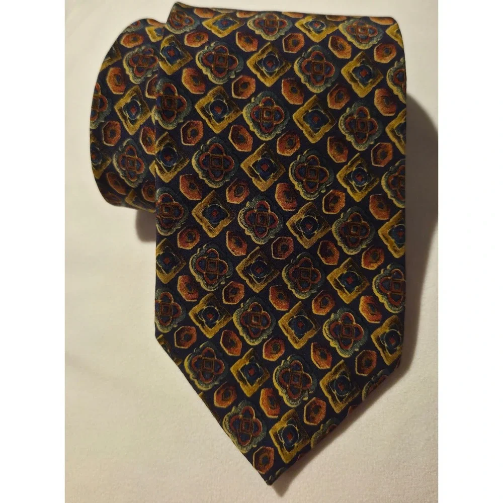 Mallory & Church London Silk Tie Navy Blue Gold Burgundy Geometric Medallion‎